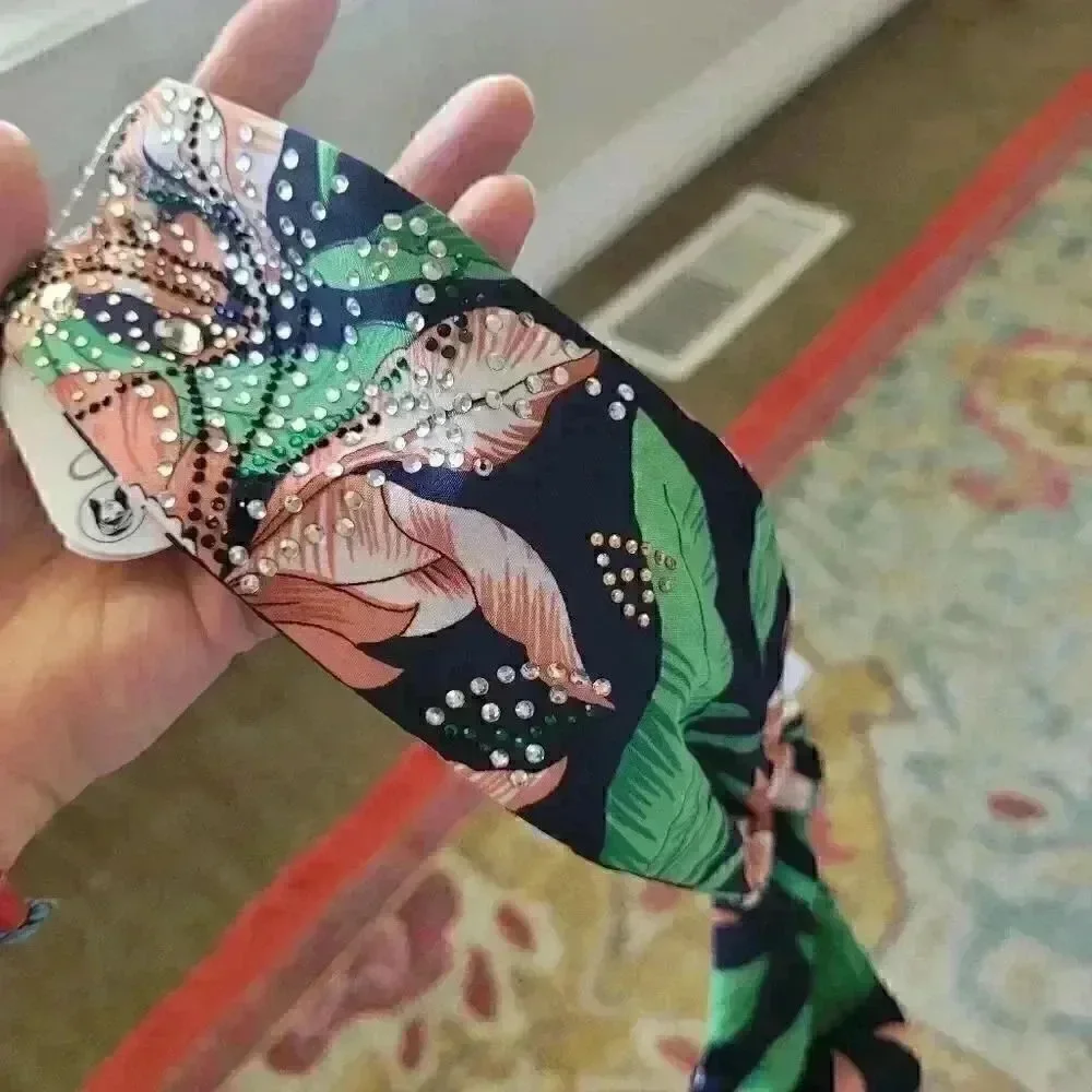 Aldo Women's Green/Navy/Peach Floral with Rhinestone Accents Hair Headband - NEW